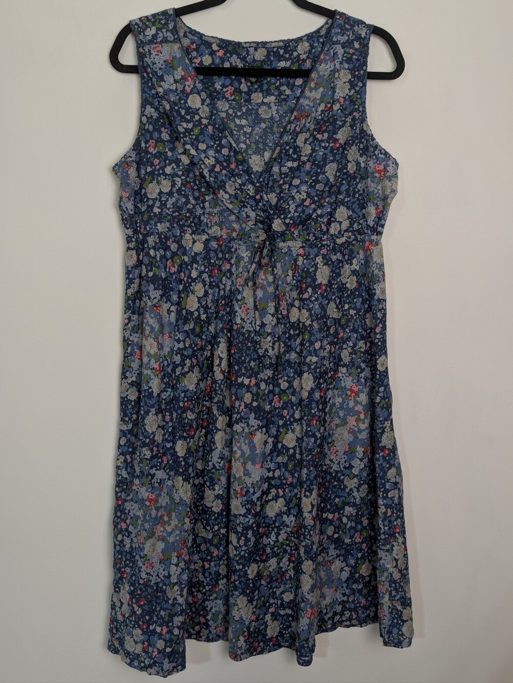 Eddie Bauer Navy Floral Sleeveless Tie-Front Midi Dress 100% Cotton Size 12